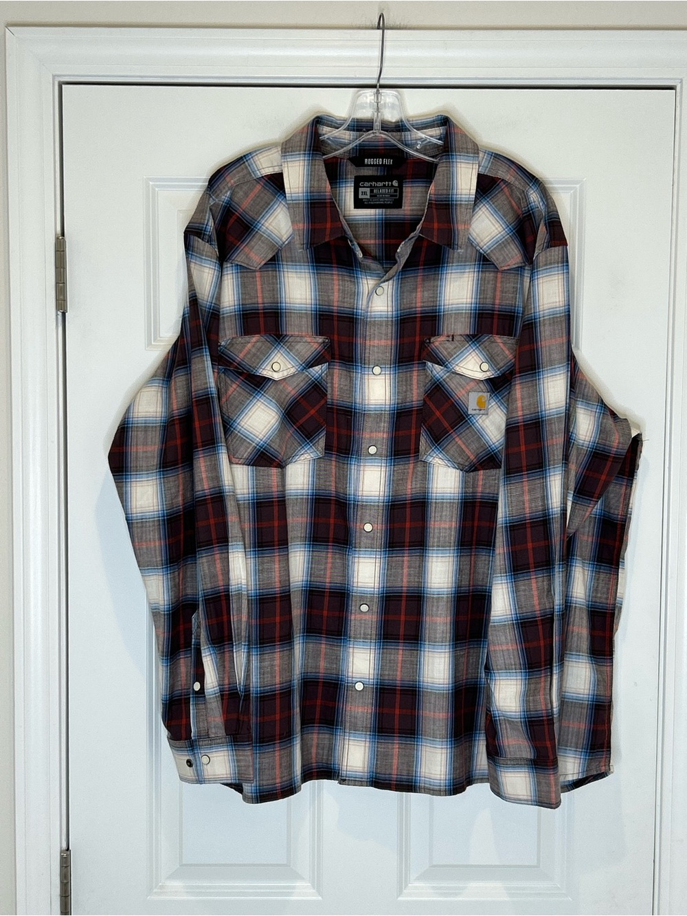 Carhartt Rugged Flex Relaxed Fit Plaid Snap Down Shirt - Red, Blue & White 2XL